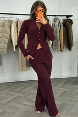 long sleeve top and wide leg trousers two piece co ord set burgundy styledup 