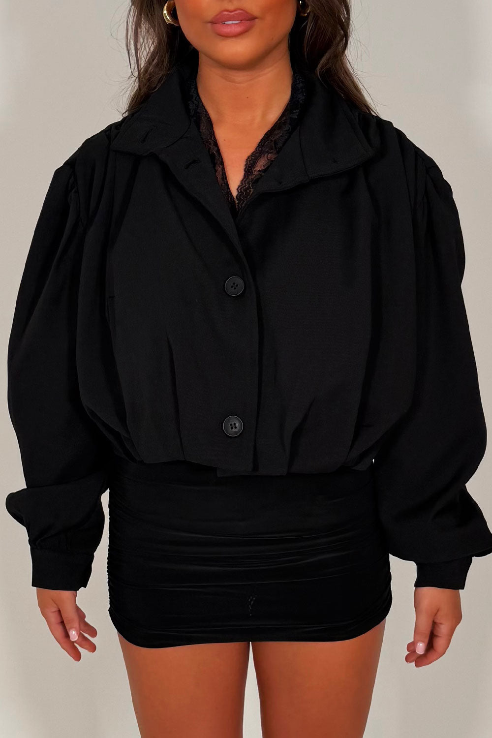 womens black bomber jacket with funnel neck long sleeves pleated shoulders styledup zara uk