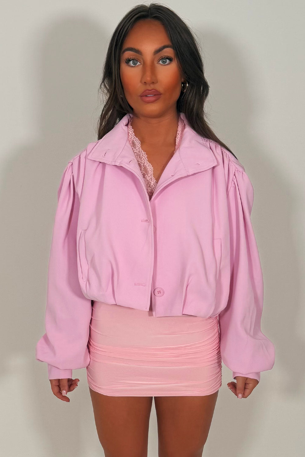 womens pink bomber jacket with funnel neck long sleeves pleated shoulders styledup zara uk