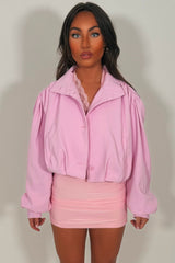 womens pink bomber jacket with funnel neck long sleeves pleated shoulders styledup zara uk