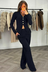 zara womens long sleeve gold button top and wide leg trousers co ord set perfect christmas market outfit for womens 