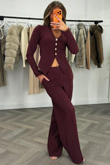 wide leg trouser and long sleeve gold button top co ord set burgundy styledup 