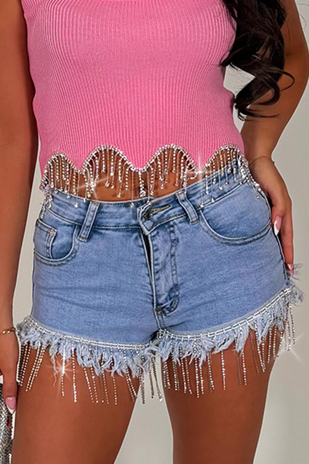 diamante tassel mini denim shorts styledup uk