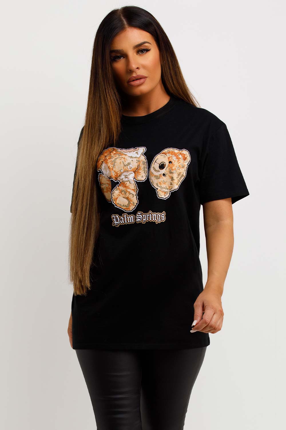 black t shirt with teddy bear graphics and palm springs