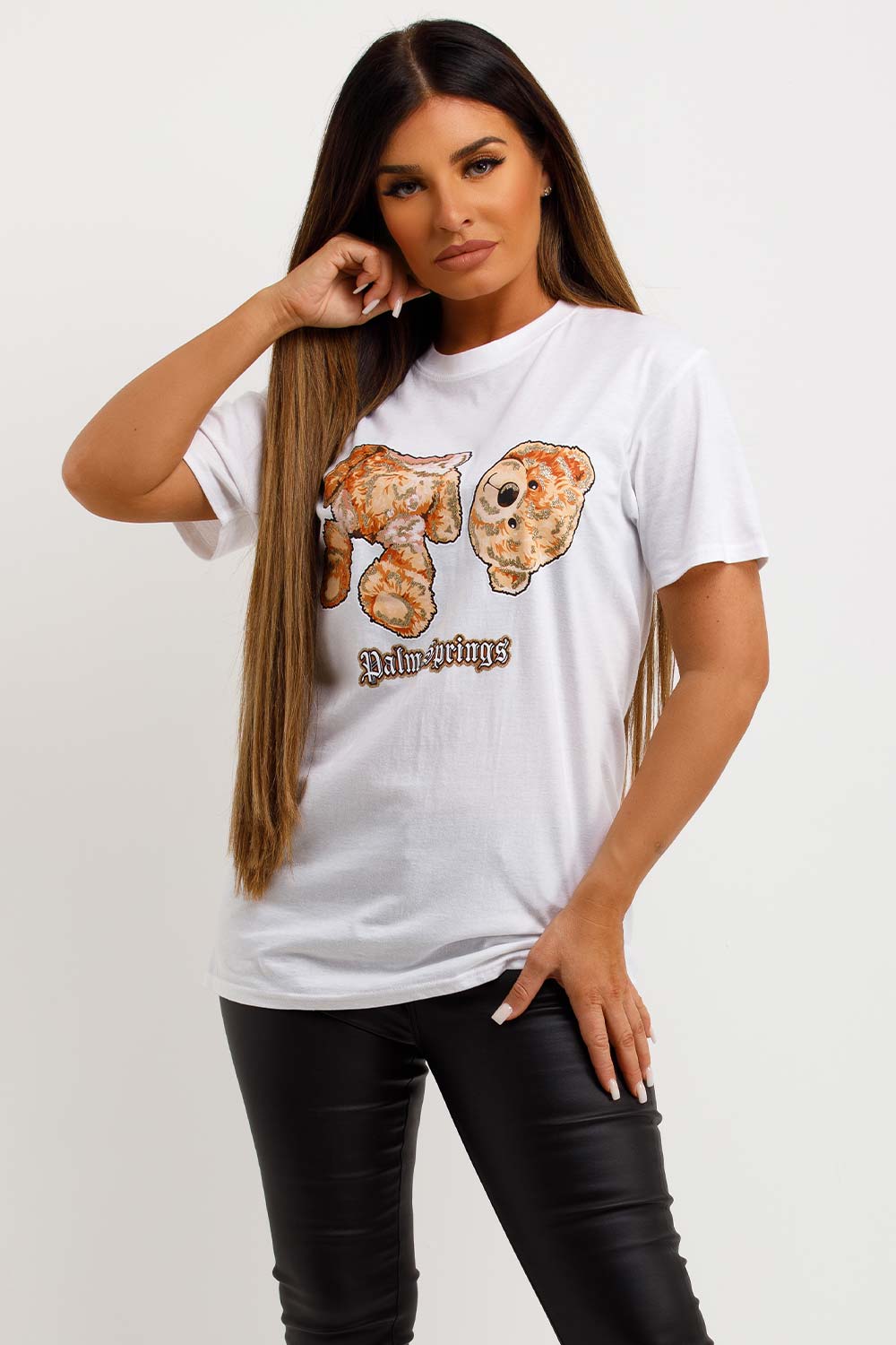 white t shirt with palm springs slogan and teddy bear graphics