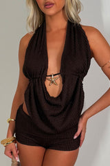 cowl halter neck backless top and low rise short set going out summer festival rave outfit styledup uk
