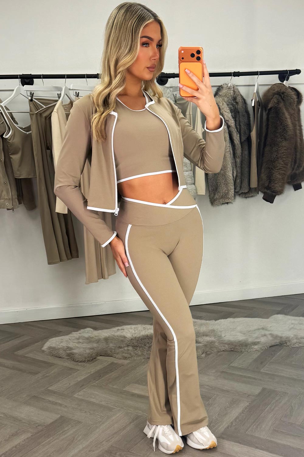 womens lululemon flare high rise pants crop top and zip up sports jacket 3 piece co ord set beige sale styledup activewear gym outfit
