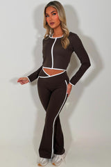womens lululemon flare high rise pants crop top and zip up sports jacket 3 piece co ord set brown sale styledup activewear gym outfit