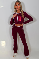 zip up sports jacket crop top and scrunch bum flare pants three piece set burgundy 