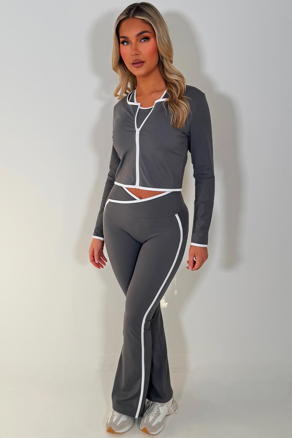womens lululemon flare high rise pants crop top and zip up sports jacket 3 piece co ord set grey sale styledup activewear gym outfit