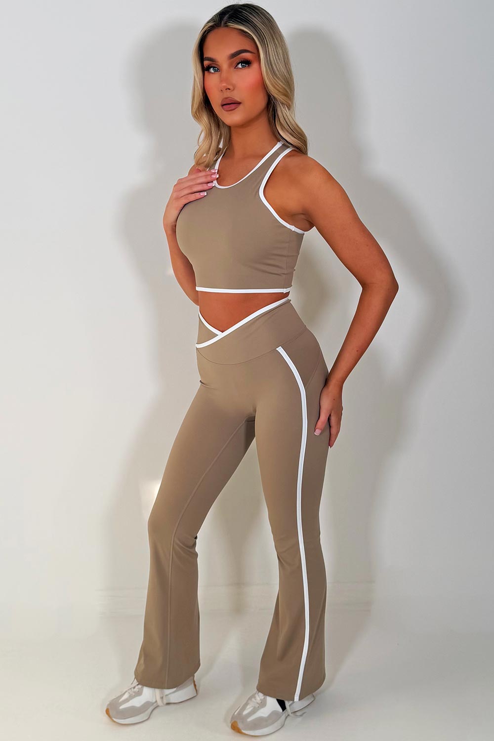 zip up sports jacket crop top and scrunch bum skinny flare pants 3 piece set beige