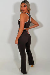 zip up sports jacket crop top and scrunch bum skinny flare pants 3 piece set brown