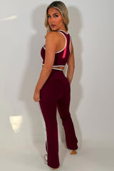 lululemon flare high rise yoga pants crop top and zip up sports jacket 3 piece co ord set burgundy sale styledup