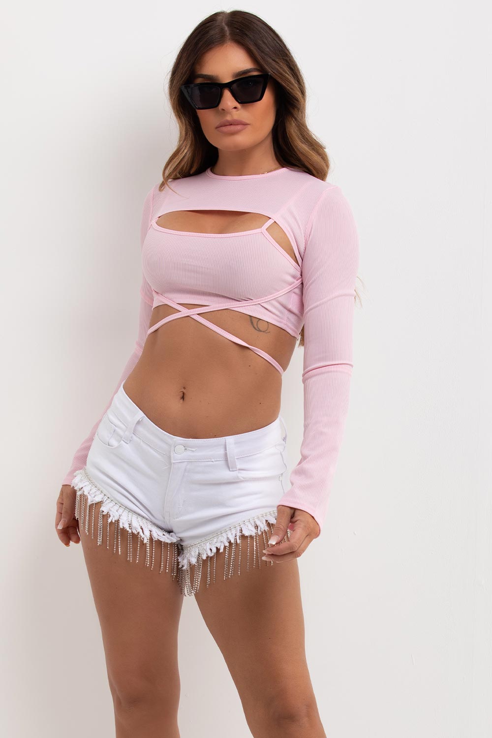 long sleeve cut out front ribbed crop top