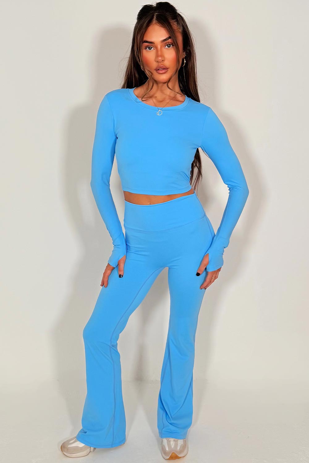 long sleeve backless crop top and flare trousers two piece lounge set sky blue