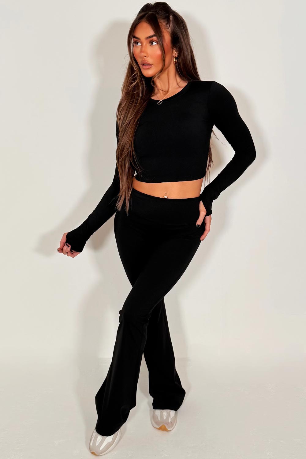 long sleeve backless crop top and skinny flare trousers lounge set styledup 