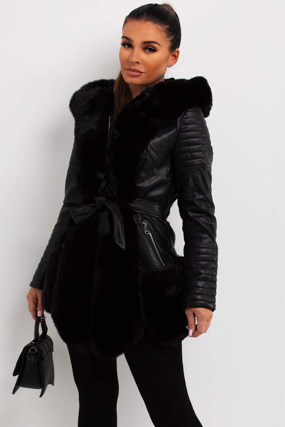 faux fur panelled faux leather hooded jacket womens