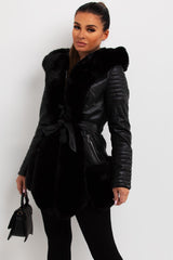 faux fur panelled faux leather hooded jacket womens