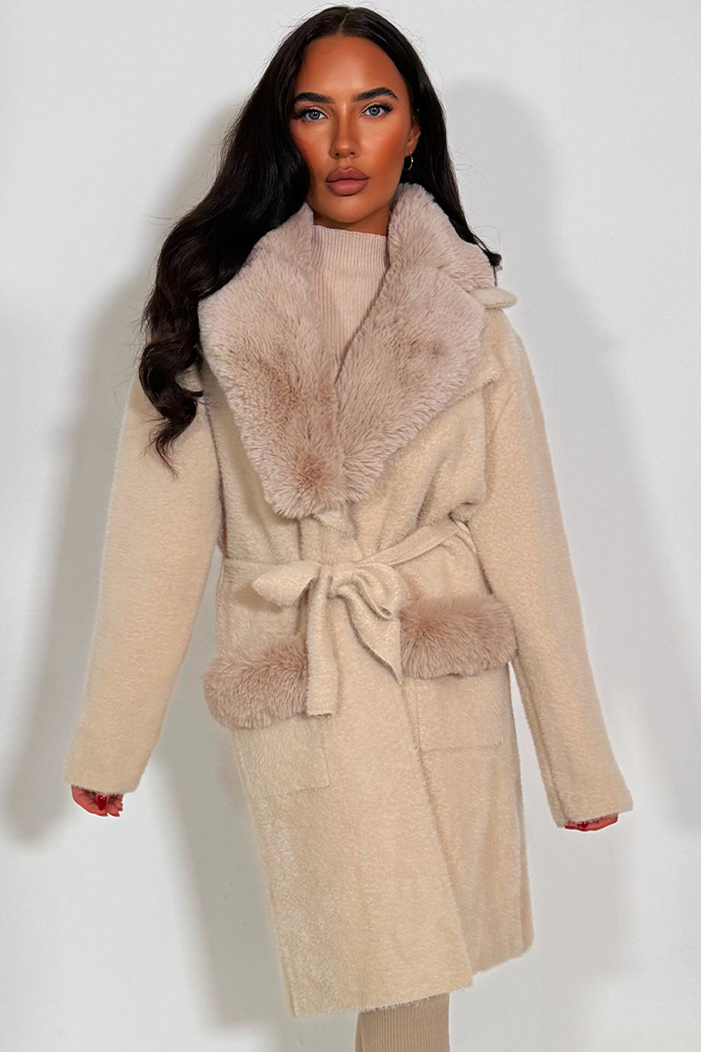 faux fur collar faux fur cuff long belted coat styledup