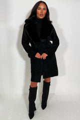 longline belted coat with fur collar and cuff styledup