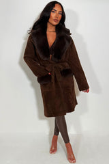 womens faux fur collar faux fur cuff belted coat christmas outerwear 