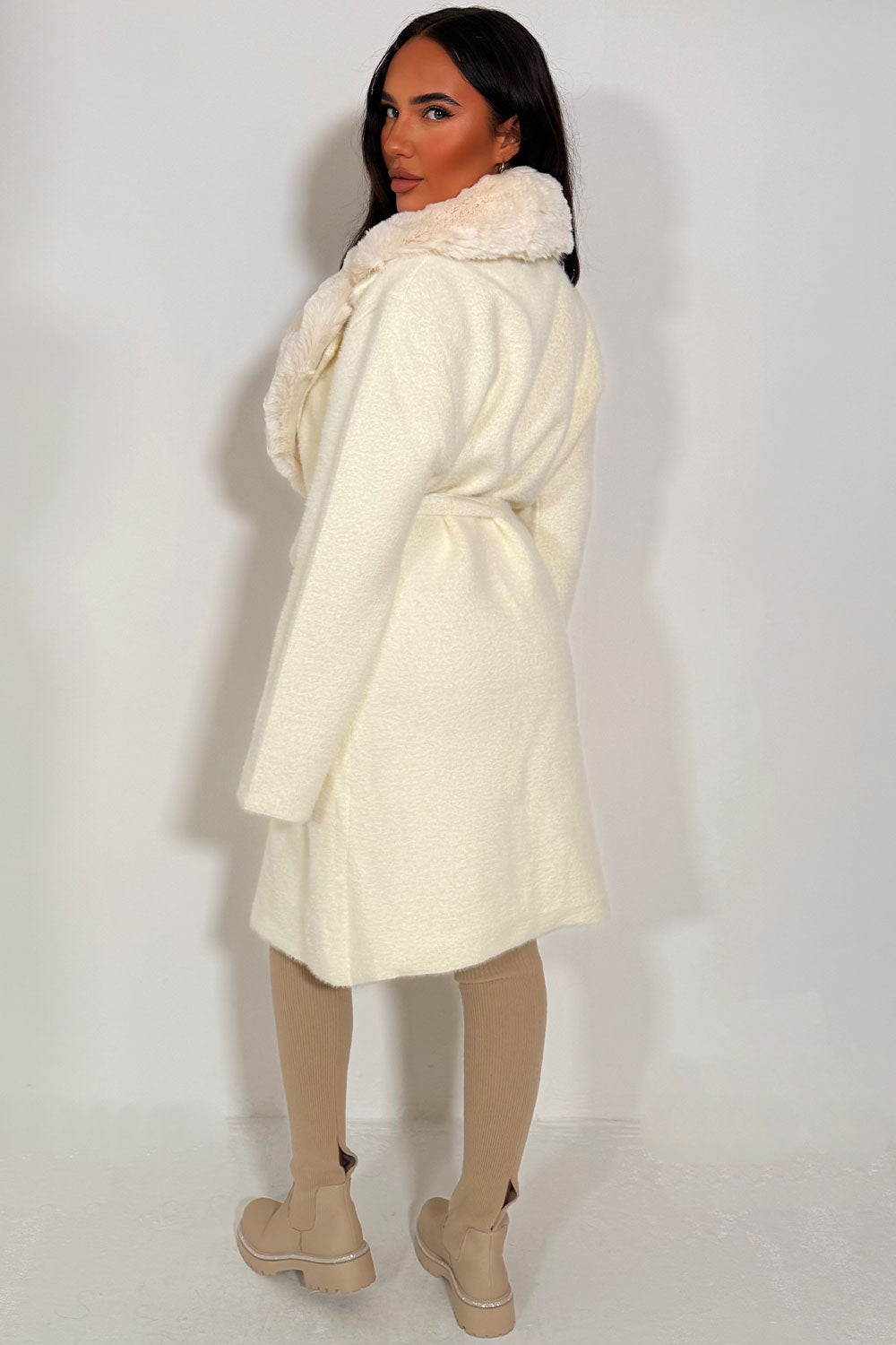 faux fur cuff faux fur collar long belted coat styledup 