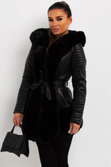 womens faux fur faux leather hooded jacket with belt