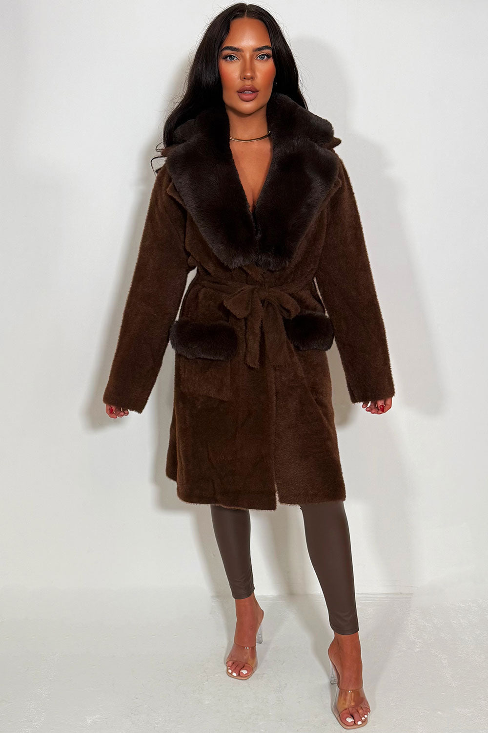 longline belted coat with fur collar and cuff styledup