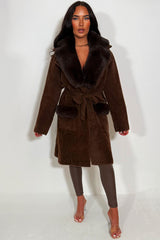 longline belted coat with fur collar and cuff styledup