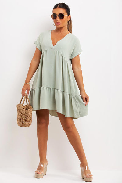 Women's Tiered Smock Summer Dress Sage Holiday Outfit – Styledup.co.uk