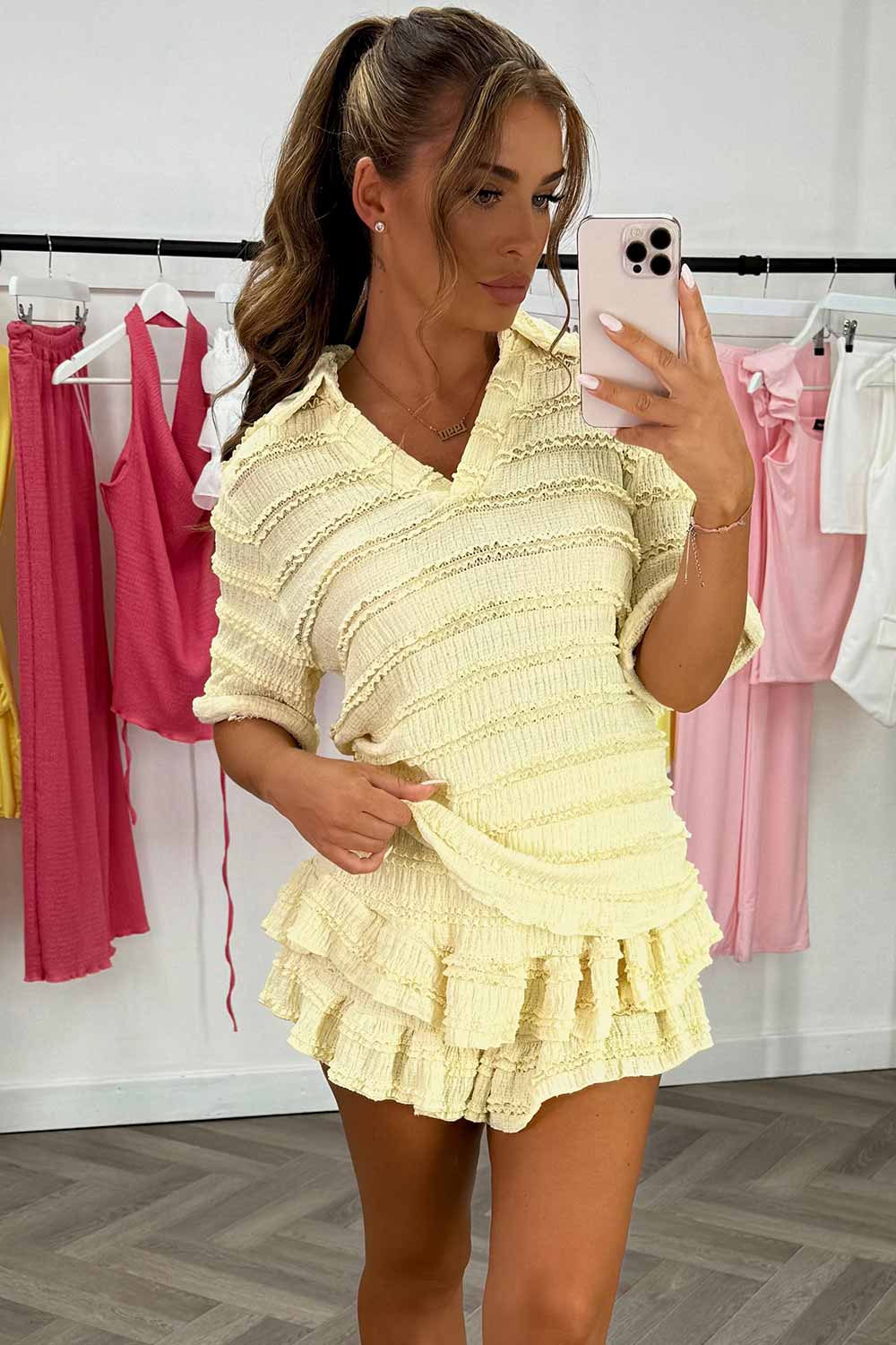 ruffle frilly shorts and top co ord set two piece summer holiday outfit set yellow styledup