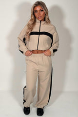 womens contrast panel color block zip up funnel neck jacket and trousers two piece co ord beige tracksuit styledup uk