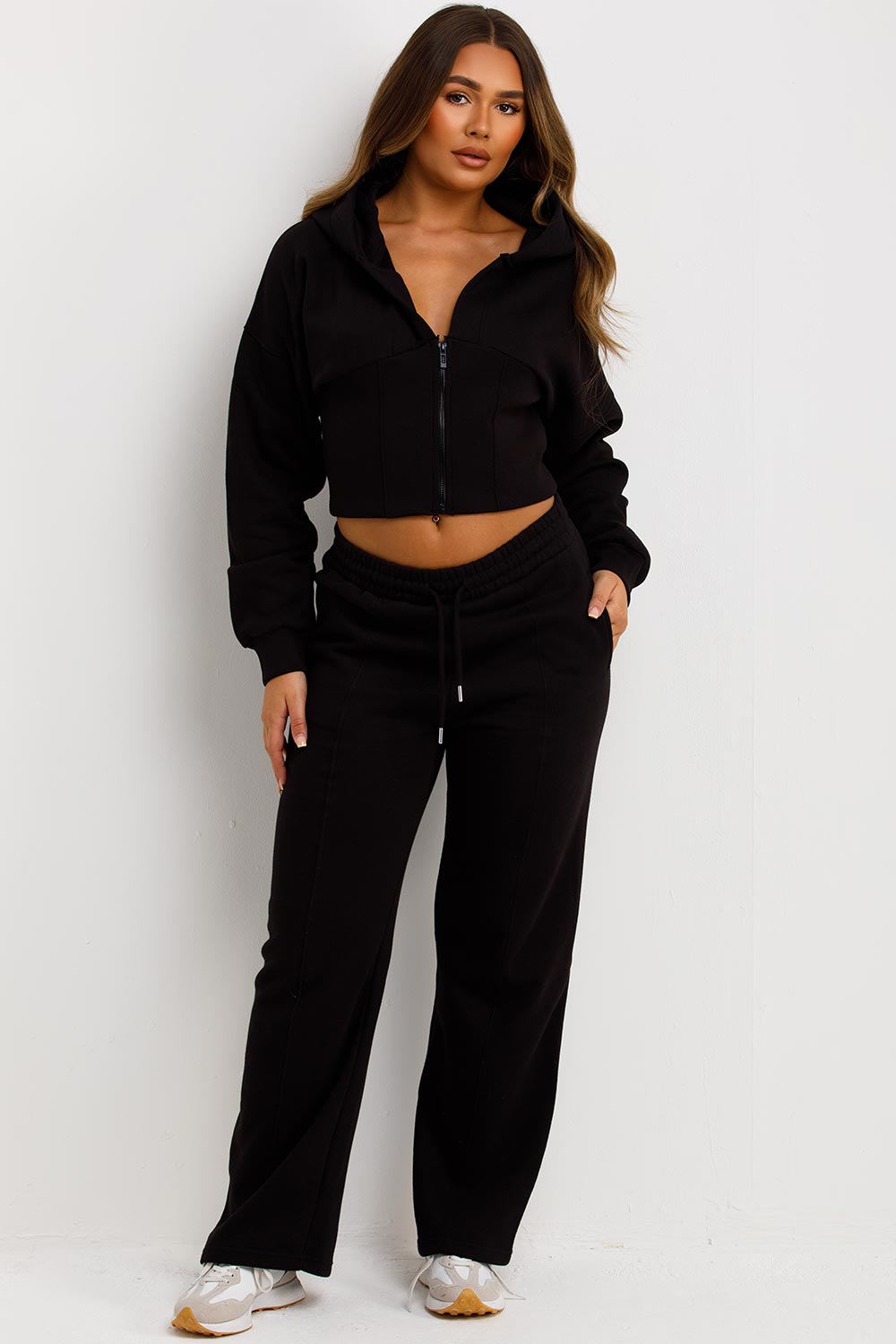 womens crop corset hoodie and joggers tracksuit set airport outfit styledup