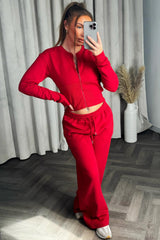 womens crop zip up sweatshirt and joggers two piece tracksuit co ord set red styledup