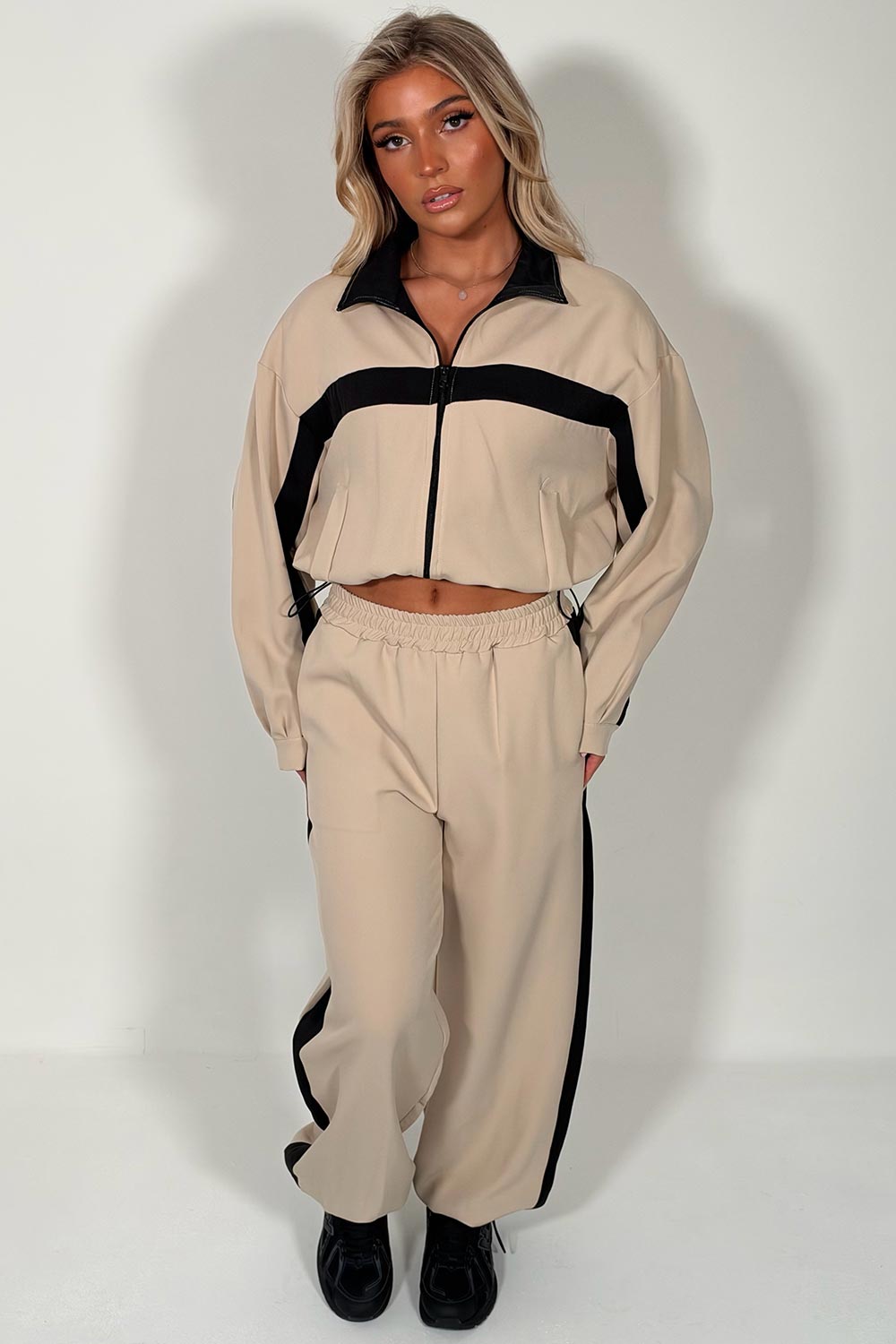 womens beige contrast panel color block zip up funnel neck jacket and trousers two piece co ord tracksuit set styledup uk