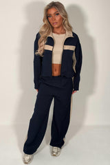 womens navy contrast panel color block zip up funnel neck lounge set tracksuit styledup uk