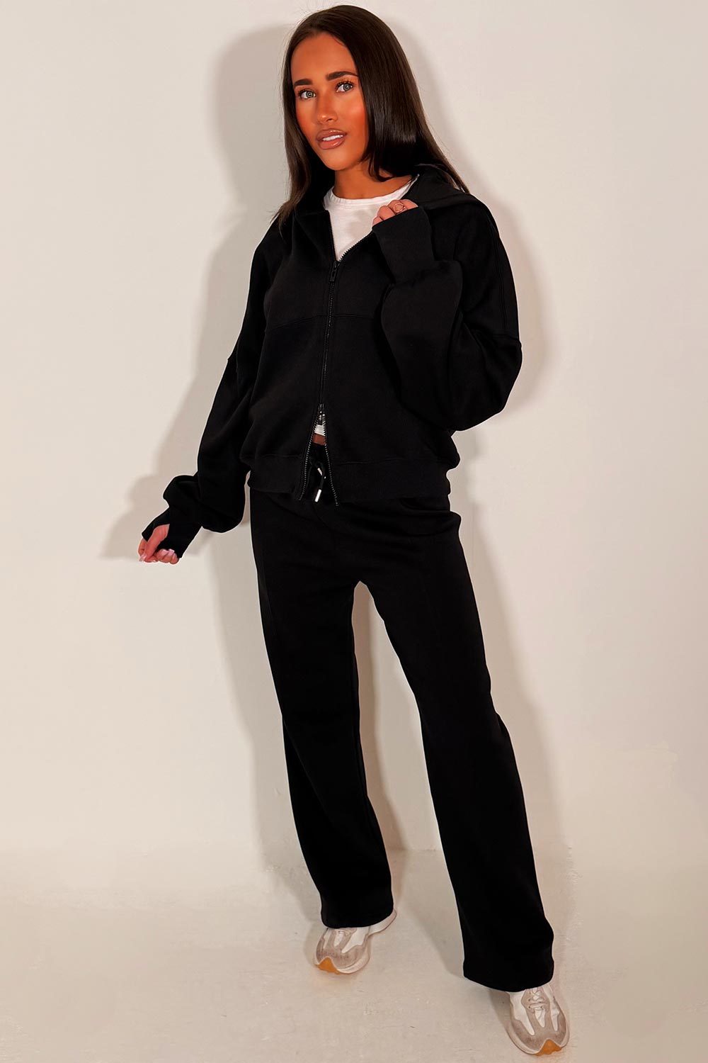 zara womens zip up hoodie and wide leg joggers tracksuit lounge set black styledup