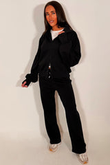 zara womens zip up hoodie and wide leg joggers tracksuit lounge set black styledup