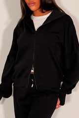 zara womens oversized double zip hoodie and wide leg joggers tracksuit casual lounge set for everyday wear black 