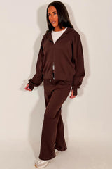 zara womens oversized double zip hoodie and wide leg joggers tracksuit casual lounge set for everyday wear brown