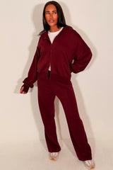 zara womens oversized double zip hoodie and wide leg joggers tracksuit casual lounge set for everyday wear burgundy