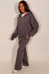 womens zip through hoodie and wide leg jogger tracksuit lounge set with drop shoulders and thumbholes styledup 