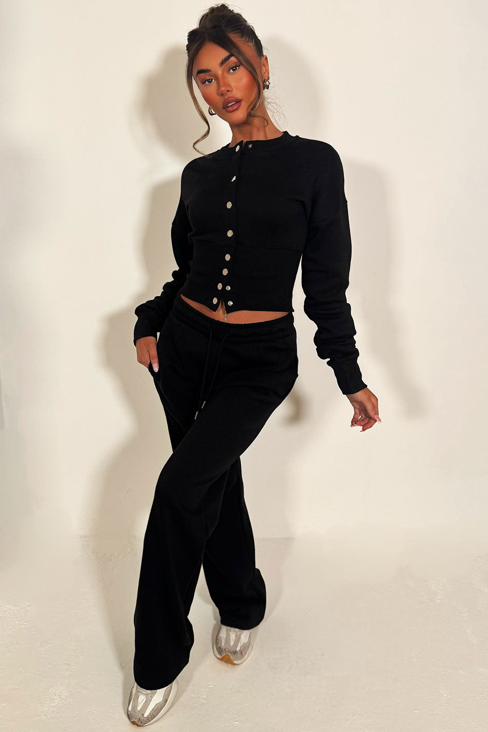 womens button up compress waist crop tracksuit styledup airport outfit travelling clothes styledup 