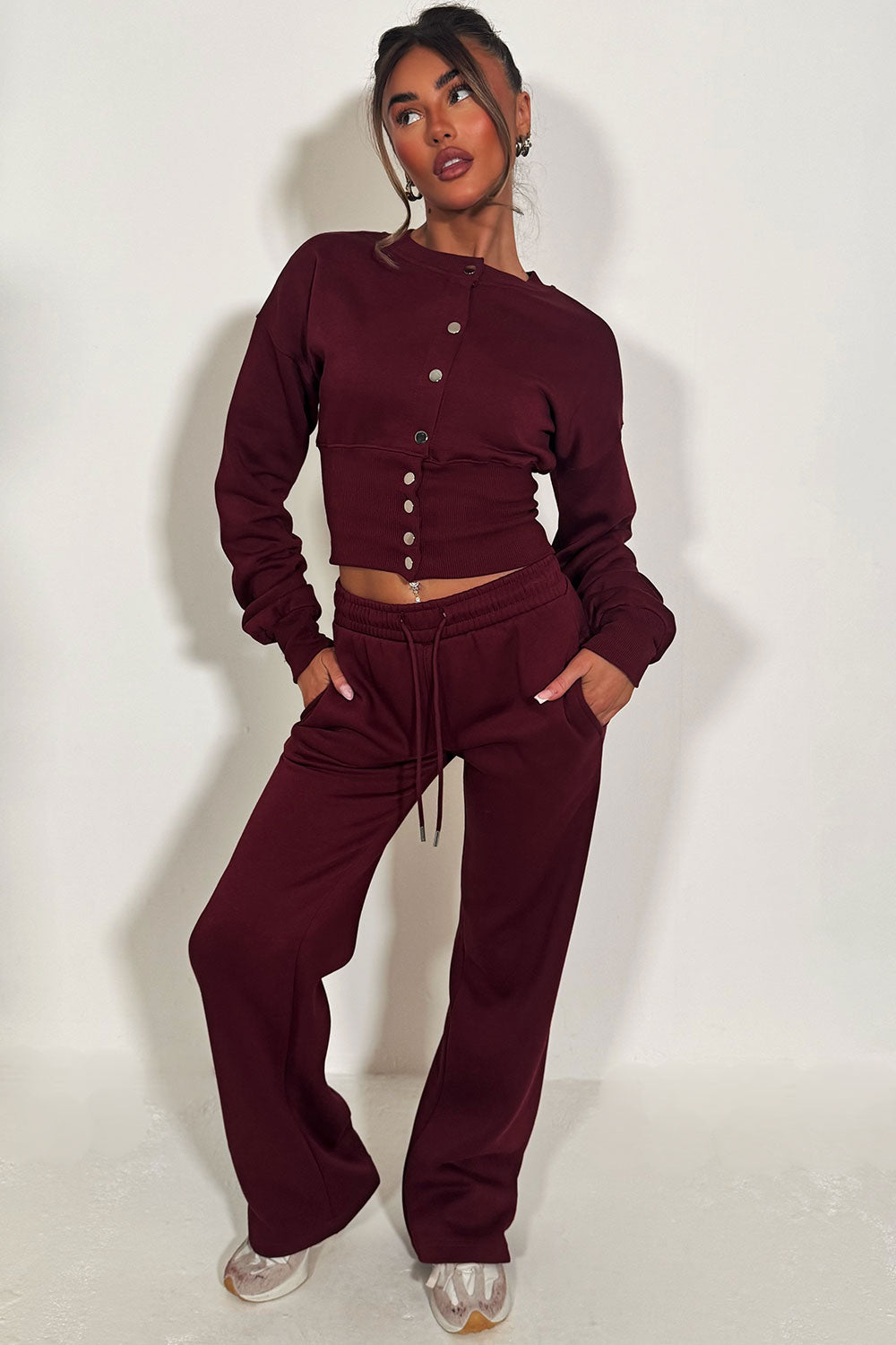 womens button up compress waist crop tracksuit styledup airport outfit travelling clothes styledup 