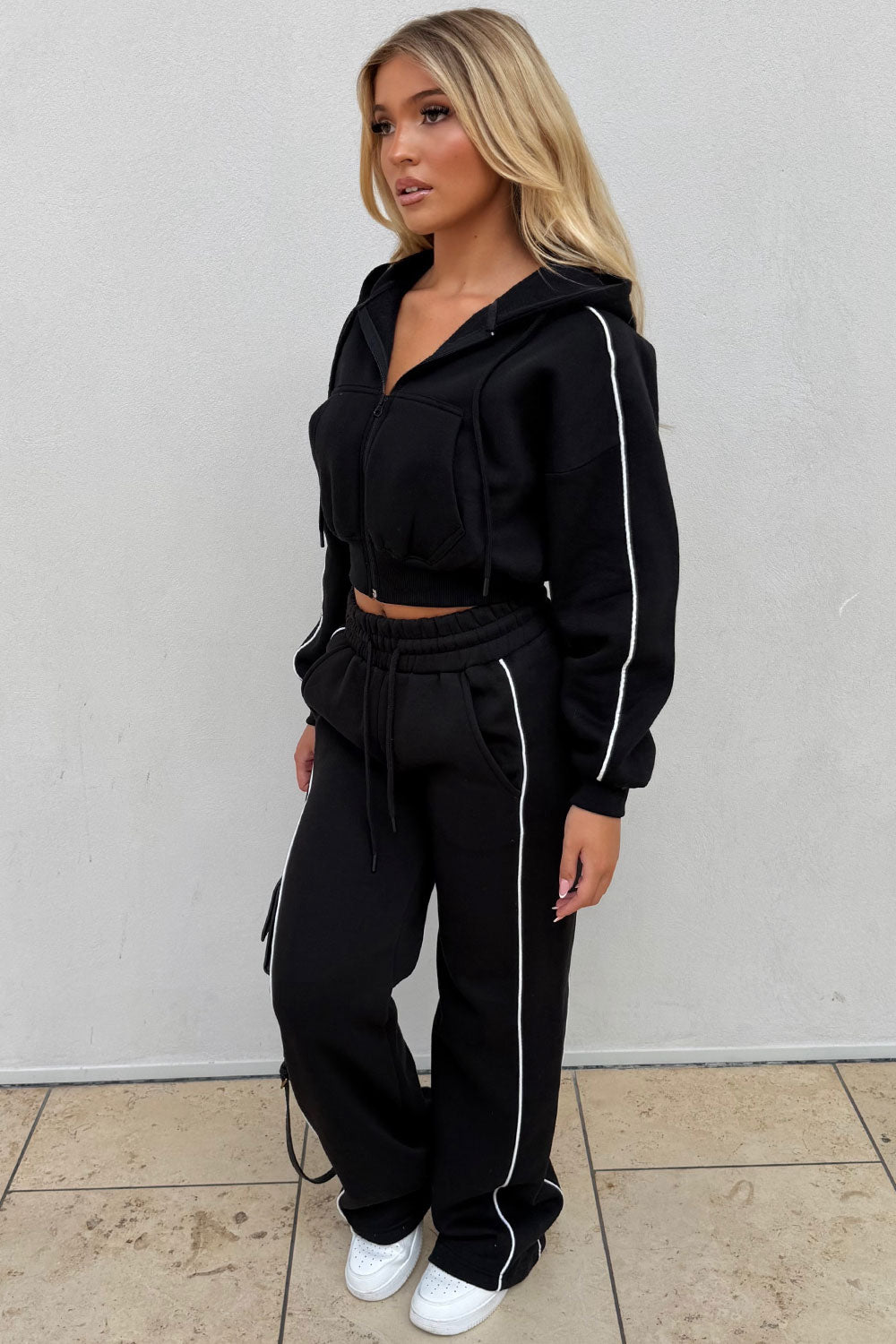 womens crop hoodie and joggers tracksuit set airport outfit styledup