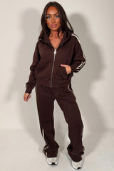 brown zip up hoodie and joggers tracksuit co ord set for womens styledup