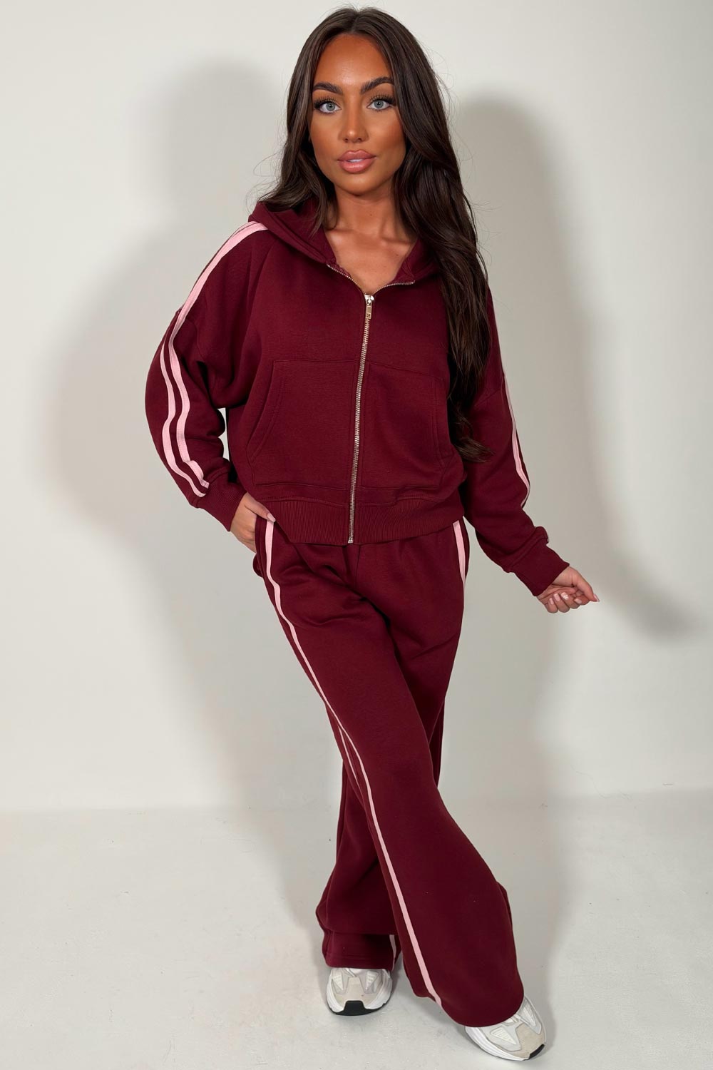womens burgundy joggers and zip up hoodie tracksuit set two piece 