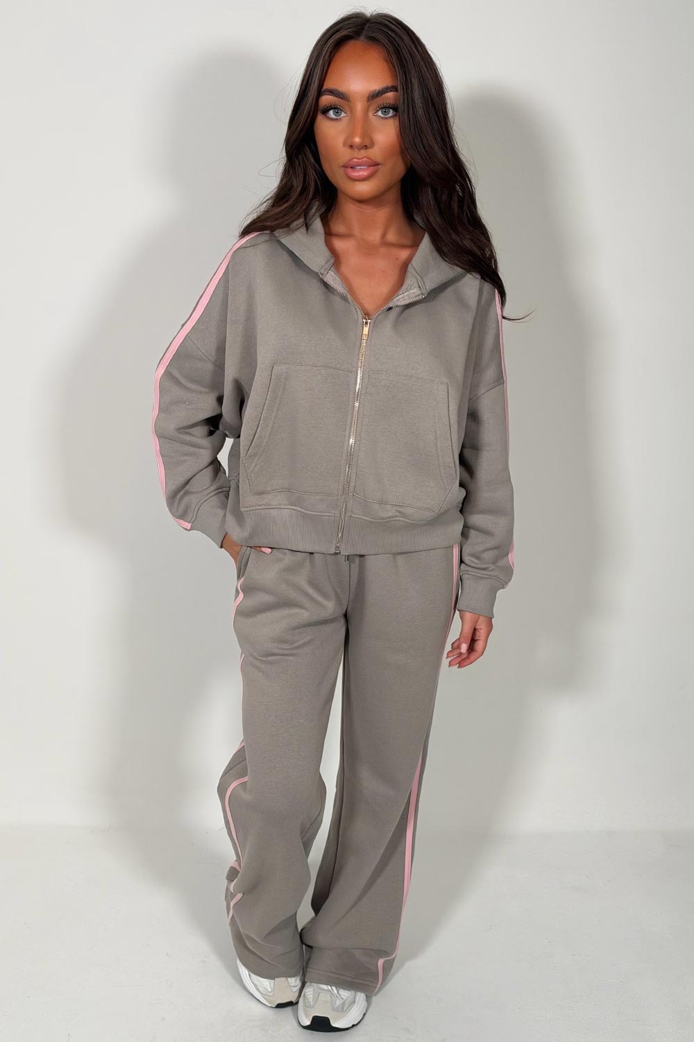 womens dove grey joggers and zip up hoodie tracksuit set two piece 