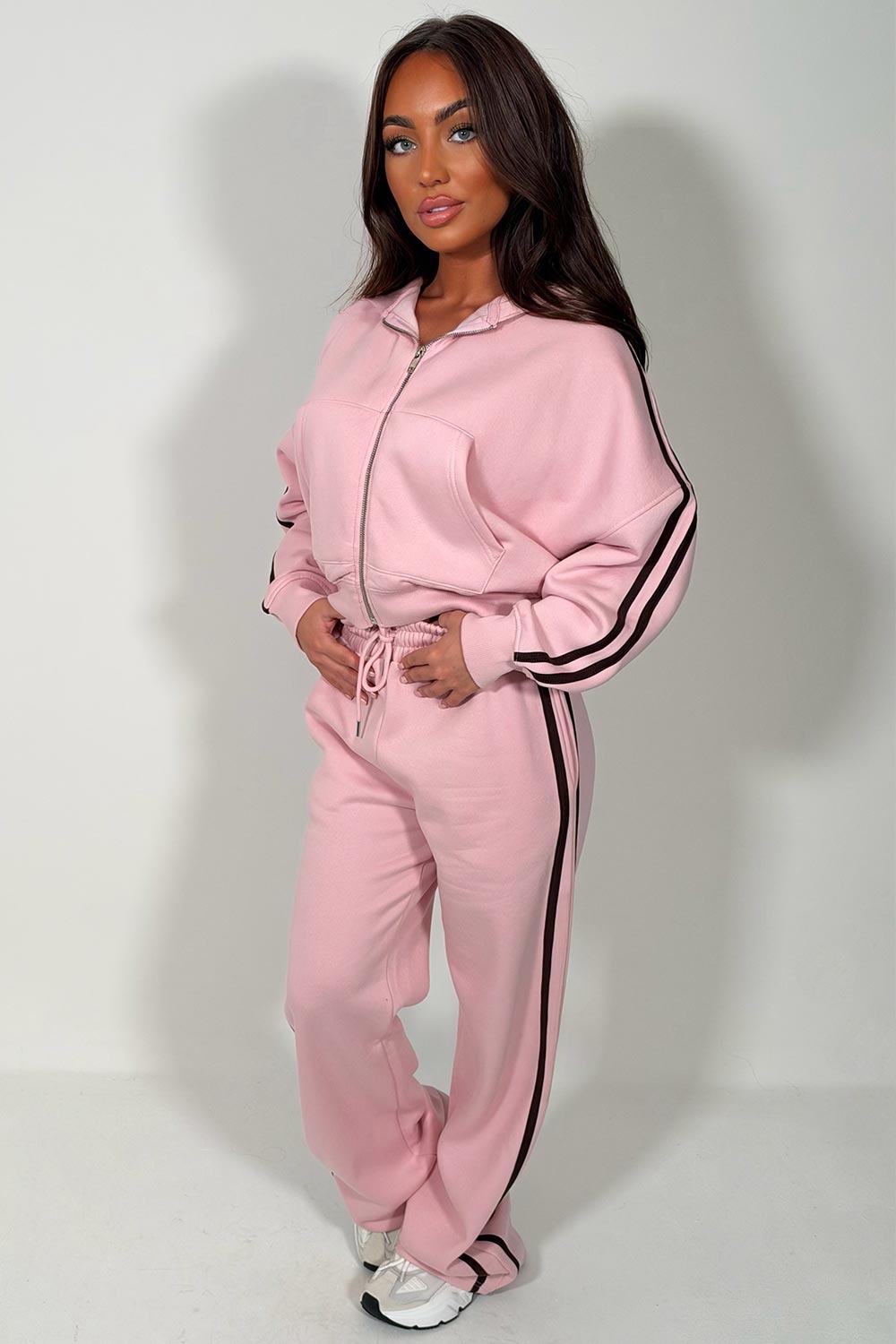 Pink Zip Up Hoodie & Joggers Tracksuit Co Ord Set With Side Stripes