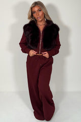 womens crop faux fur hoodie and wide leg joggers two piece co ord set styledup uk